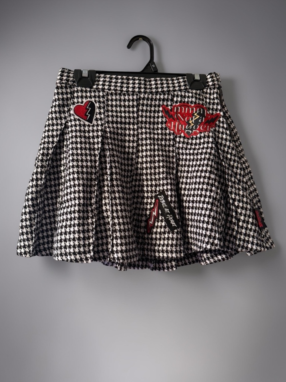 Disney Black & White Houndstooth Circle Skirt with Red Patch Details